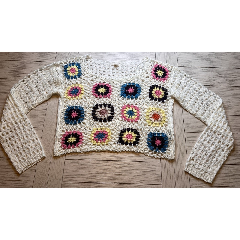 NWOT Debut Women's Open Crochet Colorful Floral Long‎ Sleeve Crop Sweater, Sz M